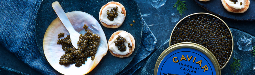 caviar on mother of pearl spoon and mother of pearl plate